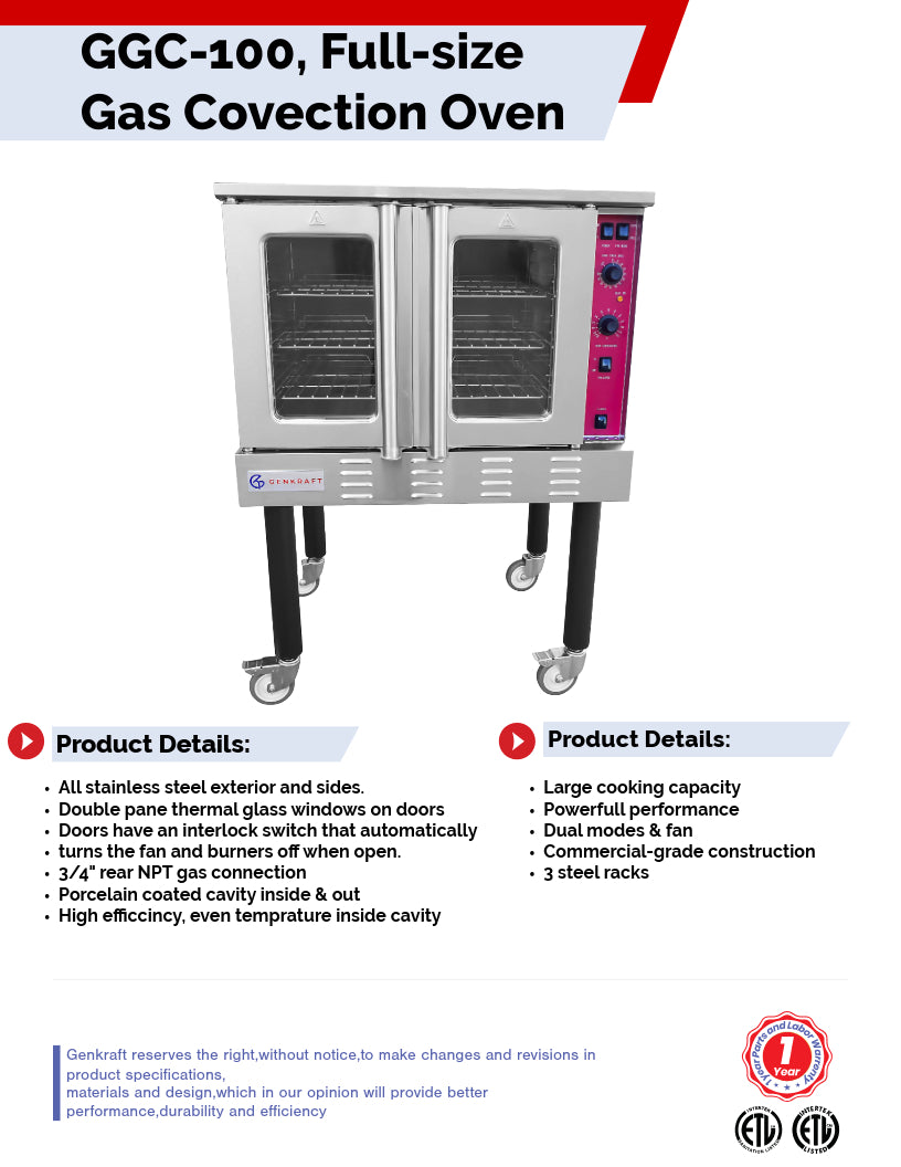 GenKraft - Commercial Convection Oven - Full Size Single Stack Oven for Restaurants, 54,000 BTU