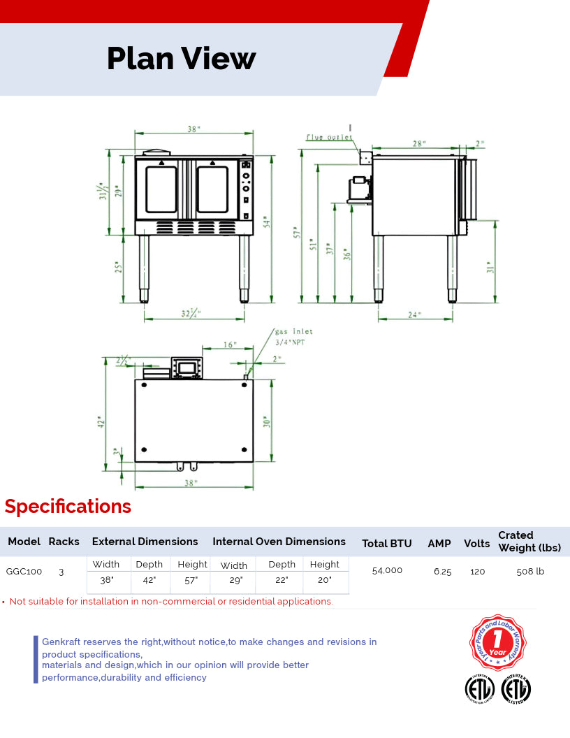 GenKraft - Commercial Convection Oven - Full Size Single Stack Oven for Restaurants, 54,000 BTU